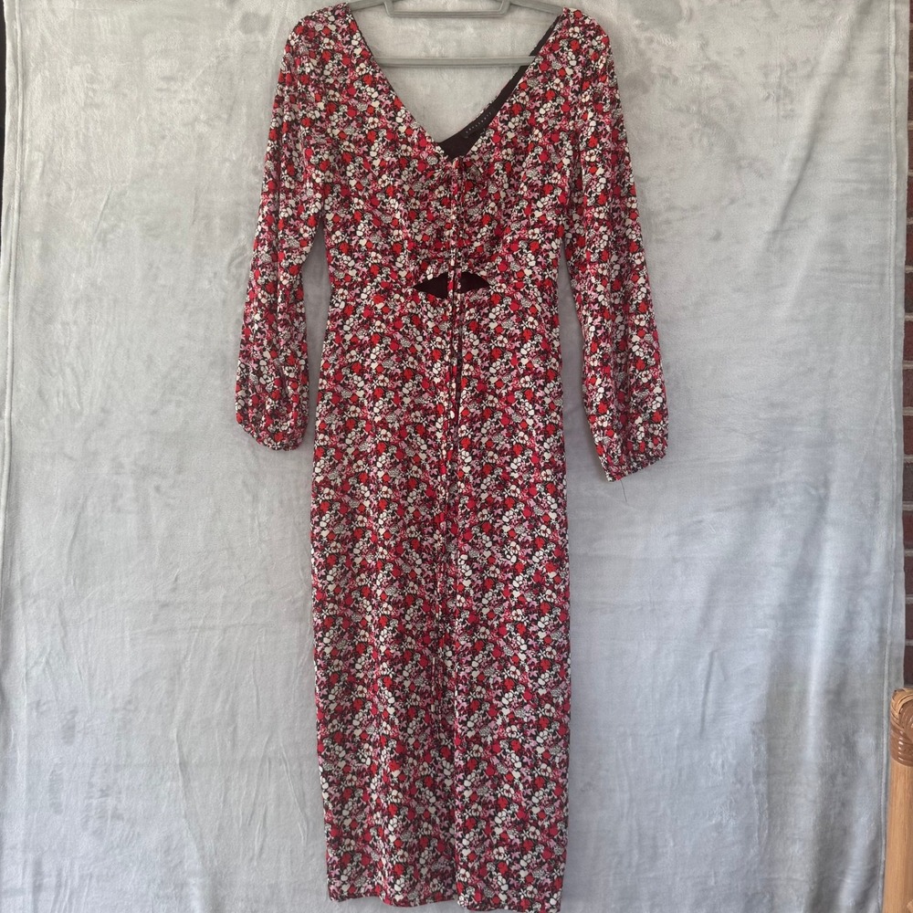 NWT Sanctuary Floral Print Maxi Dress Red Black White V Neck Long Sleeve Size 2